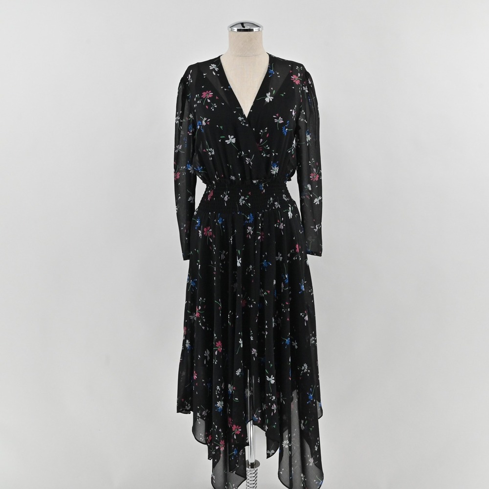 Maje Rayema Floral Chiffon Midi Dress Womens Size M Black Smocked Romatic Whimsy